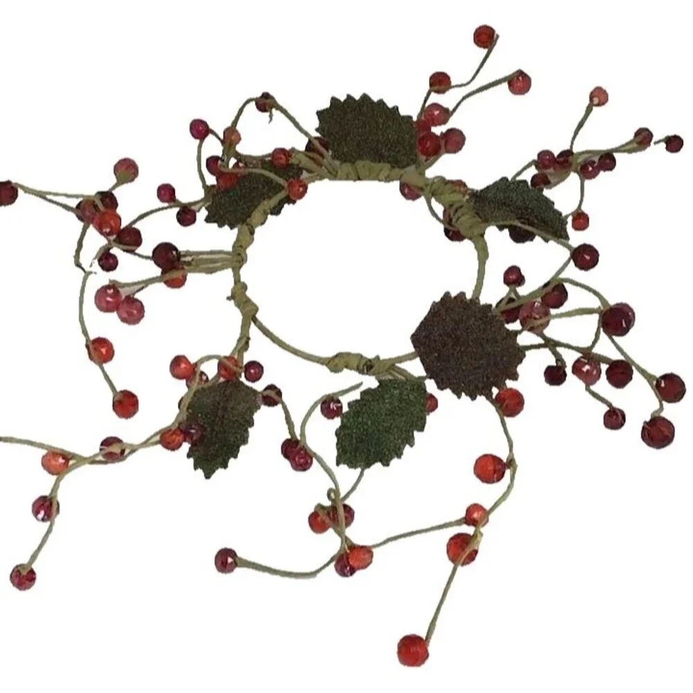 Burgundy Berry Green Leaves Wreath Candle Ring Rustic Wire Red Country Folk Art